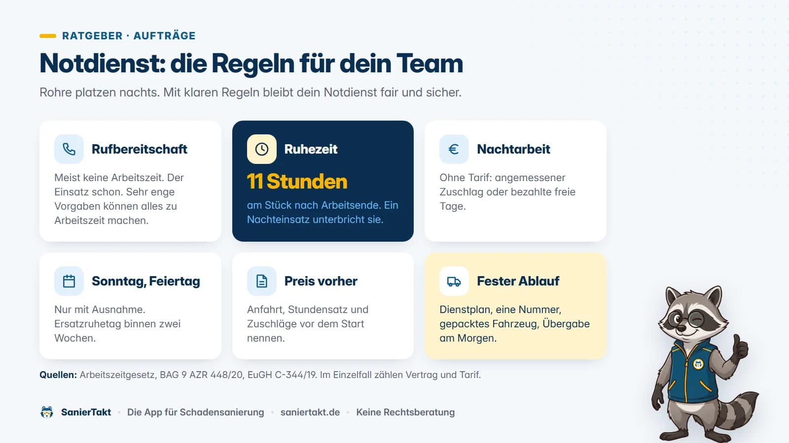 Übersicht zum Notdienst. Rufbereitschaft ist meist keine Arbeitszeit, der Einsatz schon. Nach der Arbeit gelten elf Stunden Ruhezeit. Für Nachtarbeit gibt es Zuschlag oder freie Tage, für Sonntagsarbeit einen Ersatzruhetag.