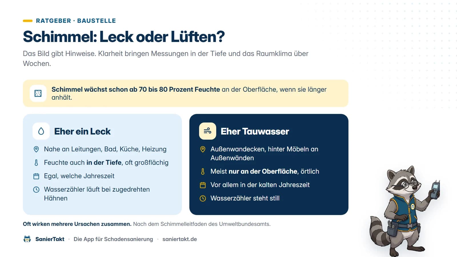 Vergleich in zwei Spalten. Für ein Leck sprechen Feuchte in der Tiefe und Befall nahe Leitungen. Hinweise auf Tauwasser: Außenwandecken, hinter Möbeln, vor allem im Winter, nur an der Oberfläche.