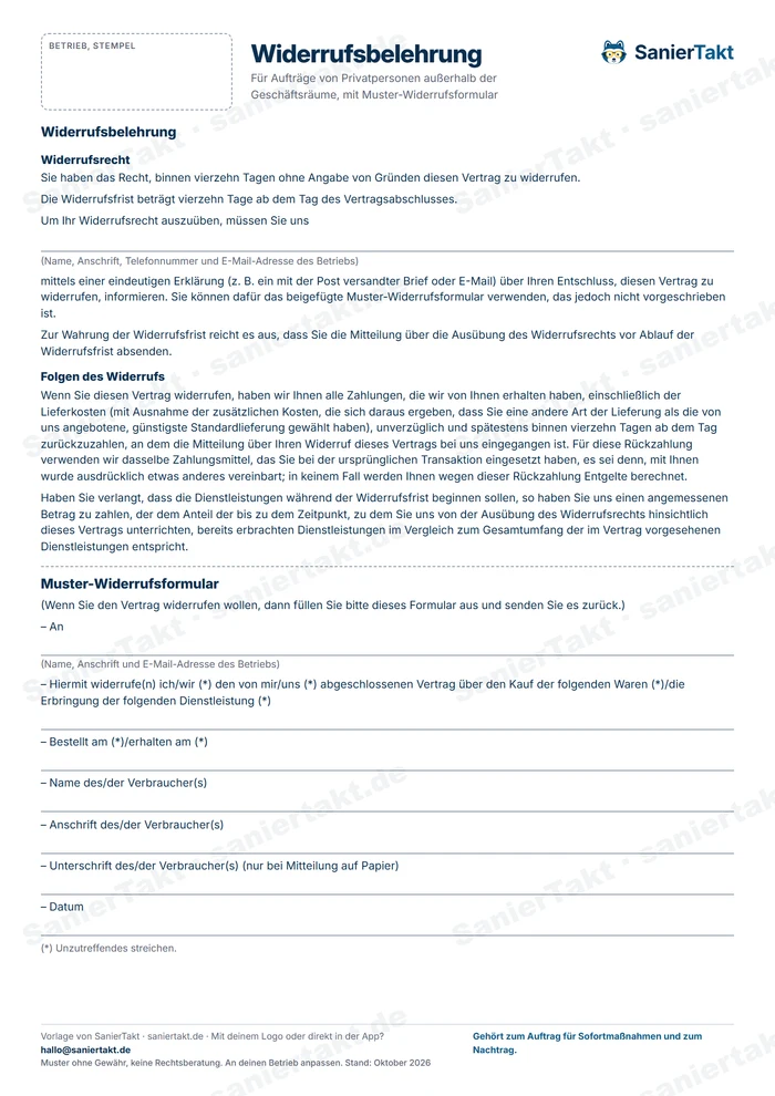 Vorschau: Widerrufsbelehrung mit Muster-Widerrufsformular